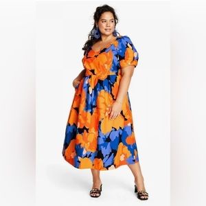 Tabitha Brown x Target Orange/Blue Puff Sleeve Tie Back Midi Dress Sz 28/30 NWOT